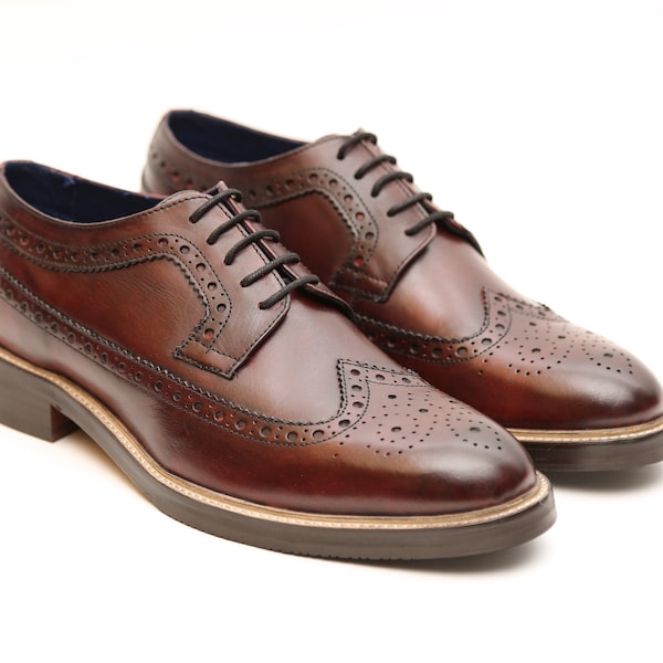 Brompton Classic Style Full Brogue Premium Calf Leather Derby Style Oxford In Burgundy Color With Double Sole Rubber Forefront Men's Shoes