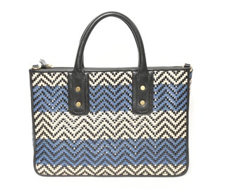 Bellissima Premium Luxury Purse Intrinsic Design Handwoven in Blue, Beige & Black Combo Italian Leather Finish Stylish Women's Satchel Bag