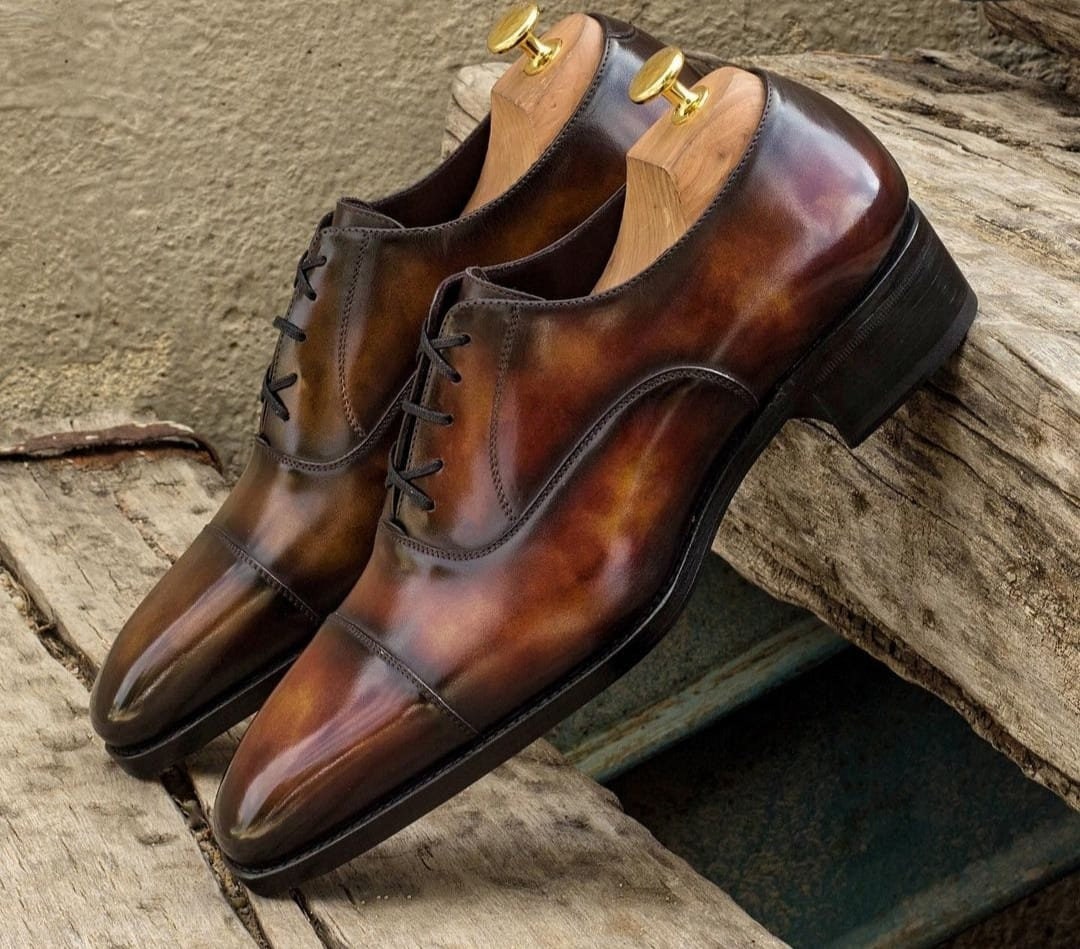Leamington Bespoke Handmade Goodyear Welted Cap Toe Oxford Shoe in French Calf Leather Hand Painted Tobacco Brown Patina Color