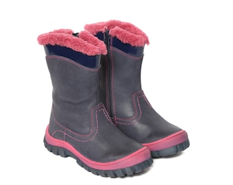Merida Girls Premium Genuine Calf Leather Nubuck In Navy Color With Pink Fur Lining & Detailing Durable Stylish Kids Youth Zip Ankle Boots