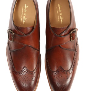 Hanover Italian Calf Leather Single Monk Strap Wingtip Style In Cognac Brown Patina Finish With Handmade Goodyear Welted Formal Monk Shoes image 2