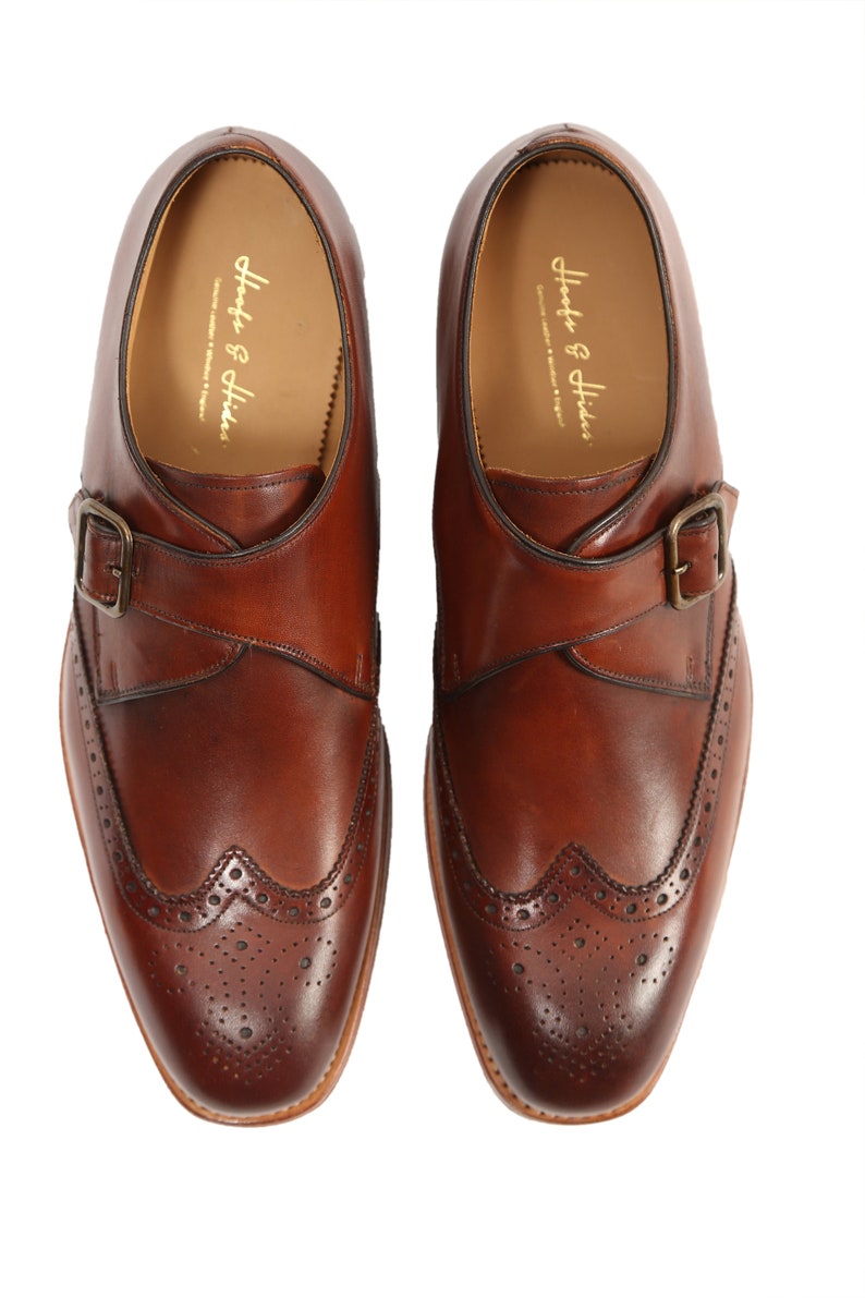 Hanover Italian Calf Leather Single Monk Strap Wingtip Style In Cognac Brown Patina Finish With Handmade Goodyear Welted Formal Monk Shoes image 2