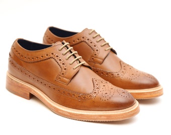 Brompton Classic Full Brogue Calf Leather Finish Derby Style Oxford In Cedar Tan Color With Double Sole Rubber Forefront Men's Shoes