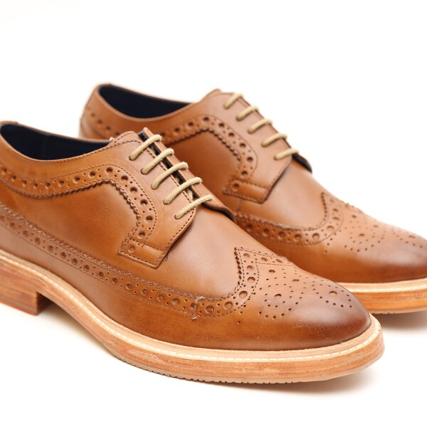 Brompton Classic Full Brogue Calf Leather Finish Derby Style Oxford In Cedar Tan Color With Double Sole Rubber Forefront Men's Shoes