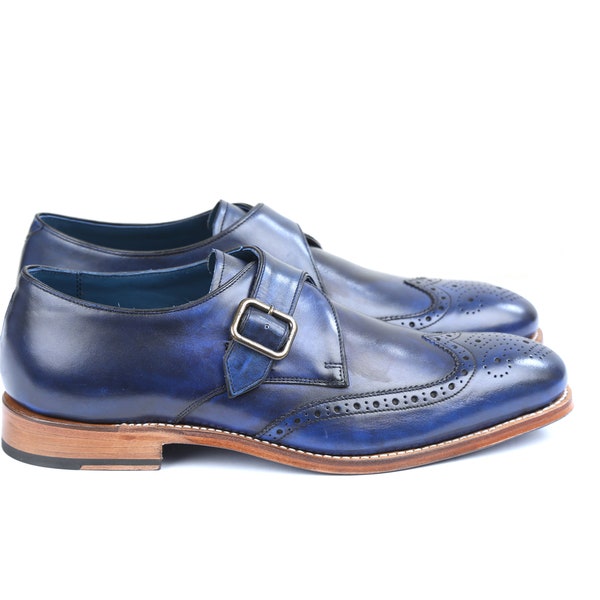 Hanover Italian Calf Leather Single Monk Strap Wingtip Style In Blue Patina Finish With Handmade Goodyear Welted Formal Monk Shoes