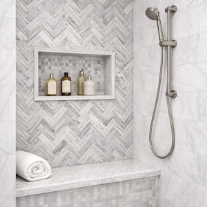 Tumbled Gray 1x3 Herringbone Marble Mosaic Tile