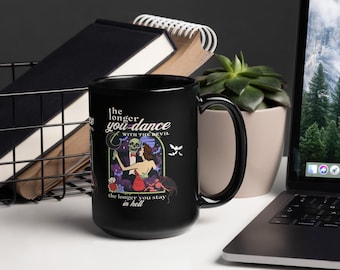 Cuanto más bailes con el diablo, más tiempo permanecerás en el infierno Taza negra, Halloween todo el año, tazas de esqueletos, murciélagos, tazas embrujadas