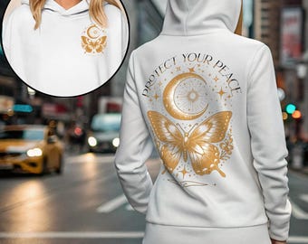 Sudadera con capucha Protect Your Peace, camisetas con la luna y las estrellas, camisetas con mariposas, camisetas con el niño de la luna, camisetas místicas celestiales, camisetas con la astrología, camisetas con el zodíaco