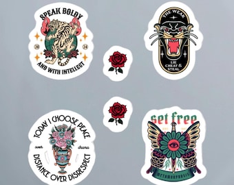 Pegatinas personalizadas inspiradas en tatuajes tradicionales, divertidas pegatinas para ordenador portátil o teléfono, pegatinas musicales, rosa tradicional, jarrón tradicional con flores de mariposa