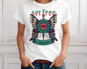 Camiseta de mujer Set Free Metamorphasus, transformación mariposa espada tercer ojo superviviente artístico único