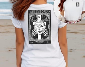 Camiseta de mujer con un ojo abierto y otro cerrado a las tonterías, calavera, momia, narcisista, regalos de ruptura