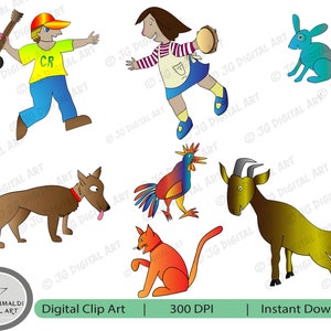 May include: Digital clip art featuring a collection of cartoon illustrations. Includes a person with a guitar, a person with a tambourine, a blue rabbit, a brown dog, a rooster, a cat, and a goat. The image also includes the text "Digital Clip Art | 300 DPI | Instant Download."