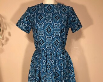 36Bust 28Waist Homemade Housedress - Turquoise Blue Black Ivory Frock - 1960s Handmade Dress - Sustainable Granny Millennial Cottage Chic