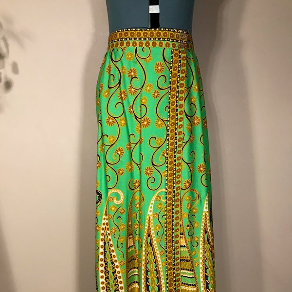 31" waist wrap skirt - 1970's Alex Coleman California -Groovy paisley, Hip flower child, Boho gypsy folk maxi - Lime green background