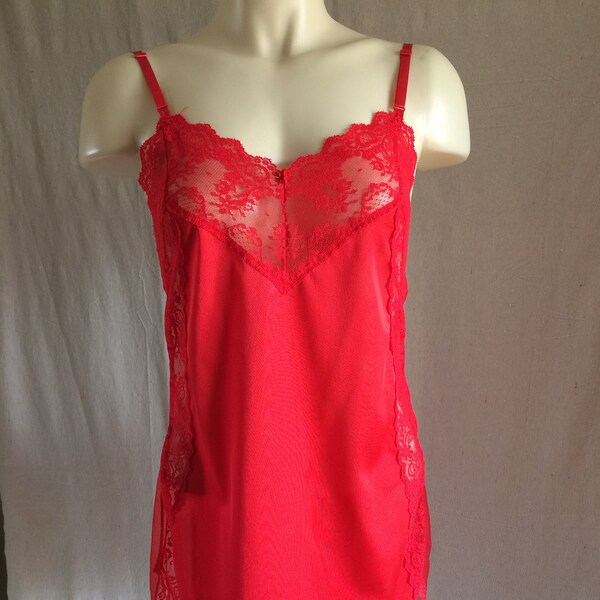 SIZE Small Bright Red Nightie - Made in the USA Romantic Fantasies brand - Satin & Lace Chemise Nightgown, Dress Slip, Lingerie - TagTeams