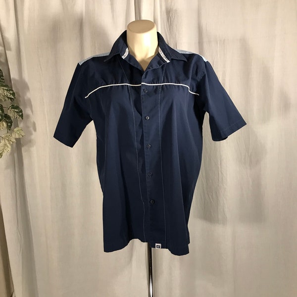 Size large men's camp shirt - Retro bowling style - Authentic vintage Anchor Blue brand - Navy & sky - cyber streetwear