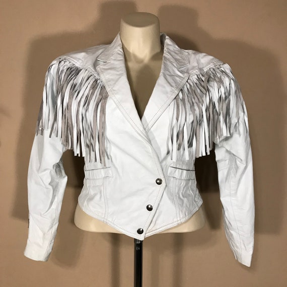 80s Winlit White Leather Jacket with Fringe - Medi