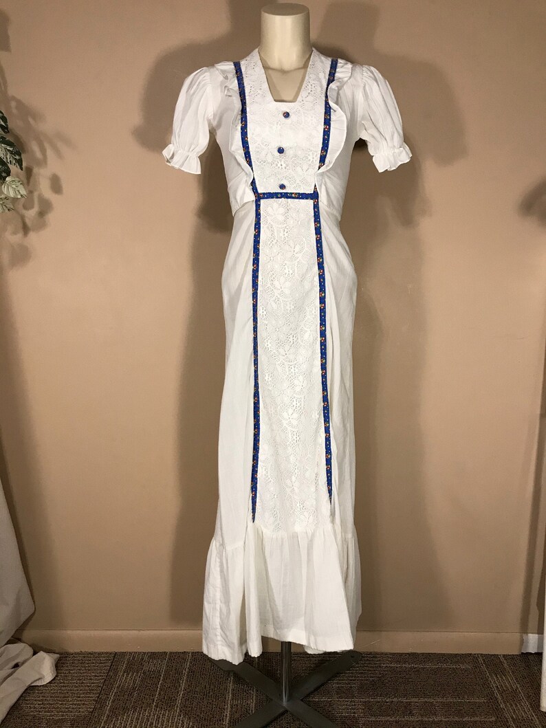 Modest School Girl Boho Hippie Farm Prairie Lace Panel Holly Hobby Style 70s Classic Cotton JCPenney Dress Puff Sleeves Ribbon trim