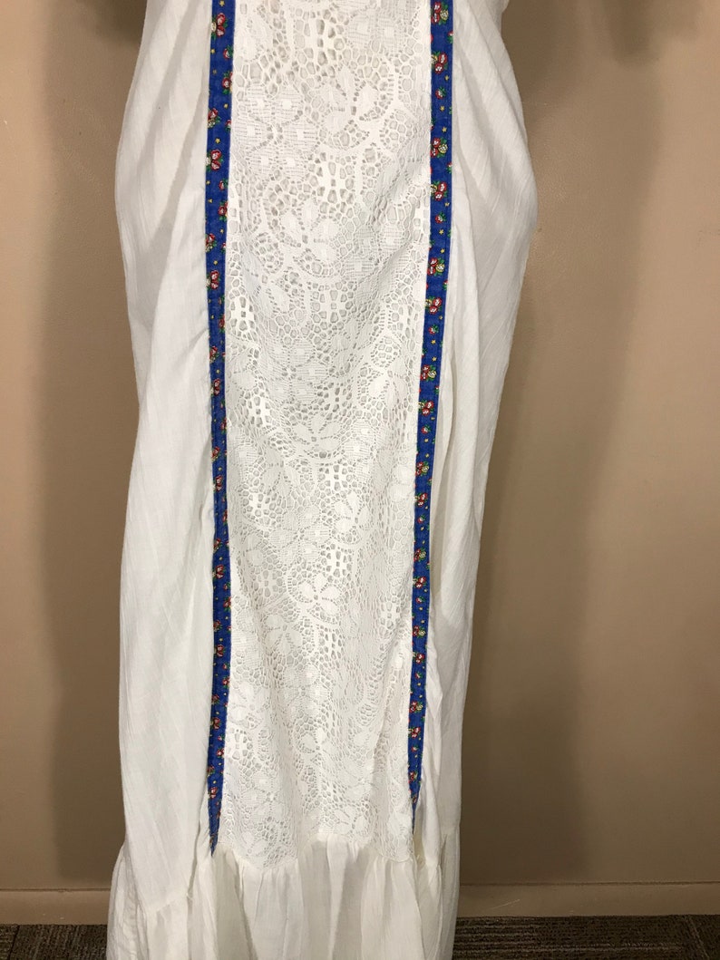 Modest School Girl Boho Hippie Farm Prairie Lace Panel Holly Hobby Style 70s Classic Cotton JCPenney Dress Puff Sleeves Ribbon trim