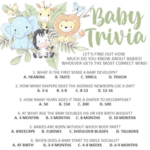 May include: A colorful baby trivia game with questions about babies. The game features illustrations of animals, including a zebra, an elephant, a lion, and a giraffe. The questions cover topics such as the first sense a baby develops, how many diapers a newborn uses in a day, and how many bones a baby has at birth.