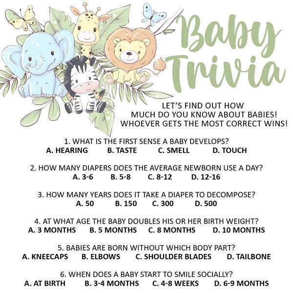 Baby Shower Trivia Game Printable, Jungle Inspired Safari Theme, Individual Print