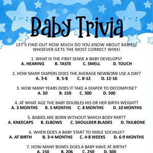 Blue Themed Baby Shower Trivia Game Printable, Baby Boy Baby Shower Trivia, Individual Print