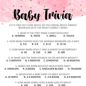 Baby Shower Trivia Spiel zum ausdrucken, Mädchen Baby Shower Trivia, individueller Druck