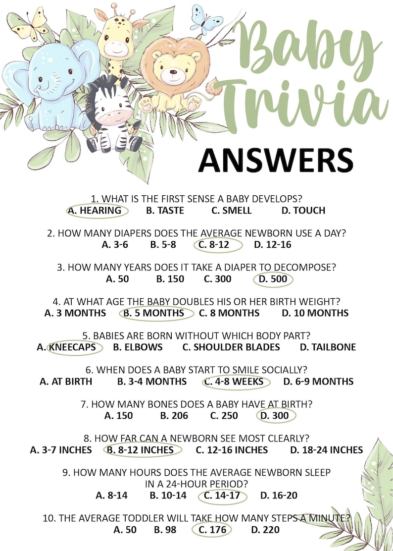 Baby Shower Trivia Game Printable, Jungle Inspired Safari Theme