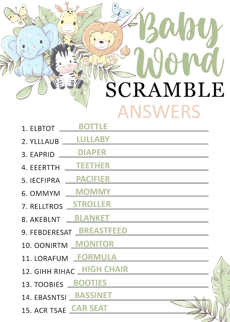 Baby shower word scramble printable game jungle inspired safari theme