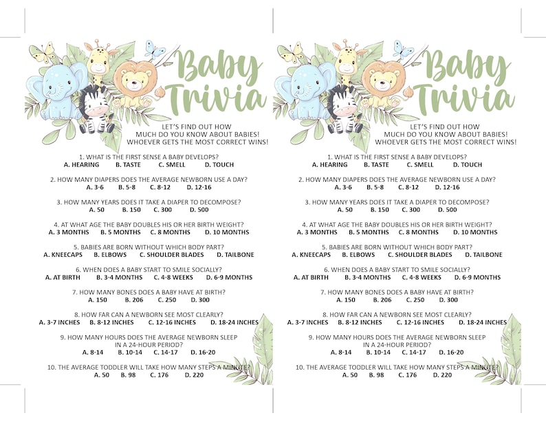 Baby Shower Trivia Game Printable, Jungle Inspired Safari Theme ...
