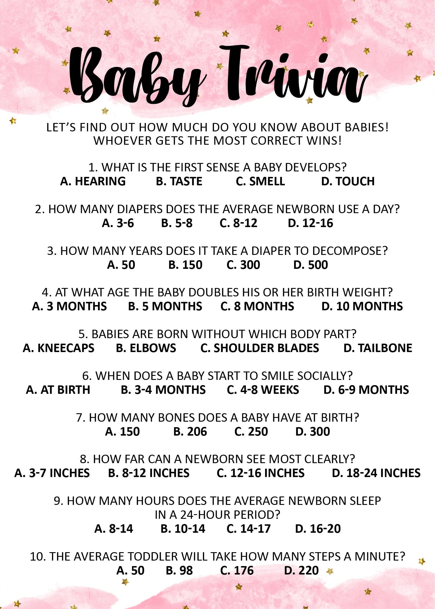 Pink Themed Baby Shower Trivia Game Printable, Girl Baby Shower Trivia ...