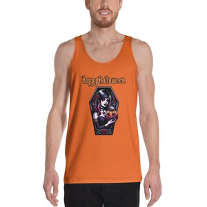 Happy Halloween | Goth Coffin Girl Holding a Jack o Lantern Unisex Tank Top