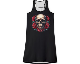 Skull and Red Roses Goth Women's Racerback Dress (AOP)