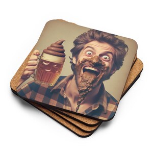 May include: A stack of square coasters with a humorous image. The image depicts a man with a brown substance on his face and a beer mug with a brown substance resembling a swirl of soft serve ice cream.