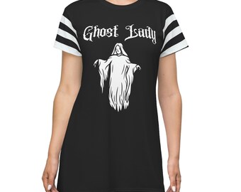 Ghost Lady | Goth T-Shirt Dress W/ Black and White Striped Short Sleeves