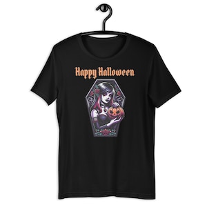 Happy Halloween | Goth Coffin Girl Holding A Jack O Lantern Unisex t-shirt