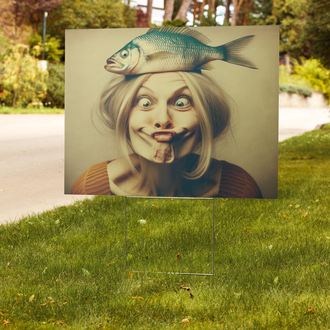 Crazy Lady Wearing Fish on Her Head | Weird Yard Sign - Etsy