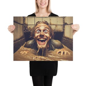May include: A poster featuring a man submerged in muddy water, with a wide, exaggerated smile and wide eyes. The man is in a dark, enclosed space, with a tiled wall visible in the background. The image has a surreal, humorous quality.