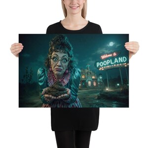 May include: A poster featuring a woman with a surprised expression holding a pile of brown matter. The background includes a sign that reads "Welcome to POOPLAND" with a building and a night sky.