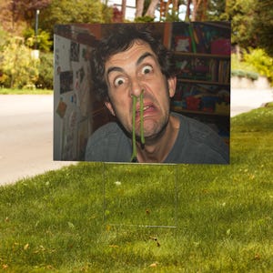 May include: A photograph of a man with a green, slimy substance hanging from his nose. The man has a distressed expression, with wide eyes and a wrinkled nose. The image is set outdoors, with a grassy lawn in the foreground.