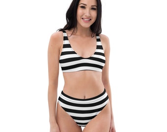 Black and White Striped Recycled high-waisted bikini