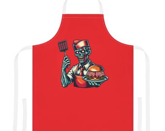 Grembiule da dipendente di fast food zombie che serve un hamburger a forma di cervello, regalo divertente per cucinare, accessorio per barbecue, grembiule zombie, utensili da cucina unici, grembiule da grigliata