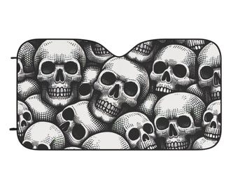 Pile of Skulls Print Car Sun Shades, Stylish Vehicle Protector, Halloween Gift, Unique Sunshade for Car, Edgy Aesthetic Car Accessory