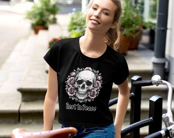 Rest In Peace | Skulls and Pink Flowers | Goth All-Over Print Crop Tee