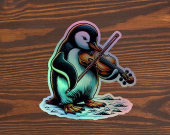 A Penguin Playing a Fiddle | Antarctica Themed Holographic stickers