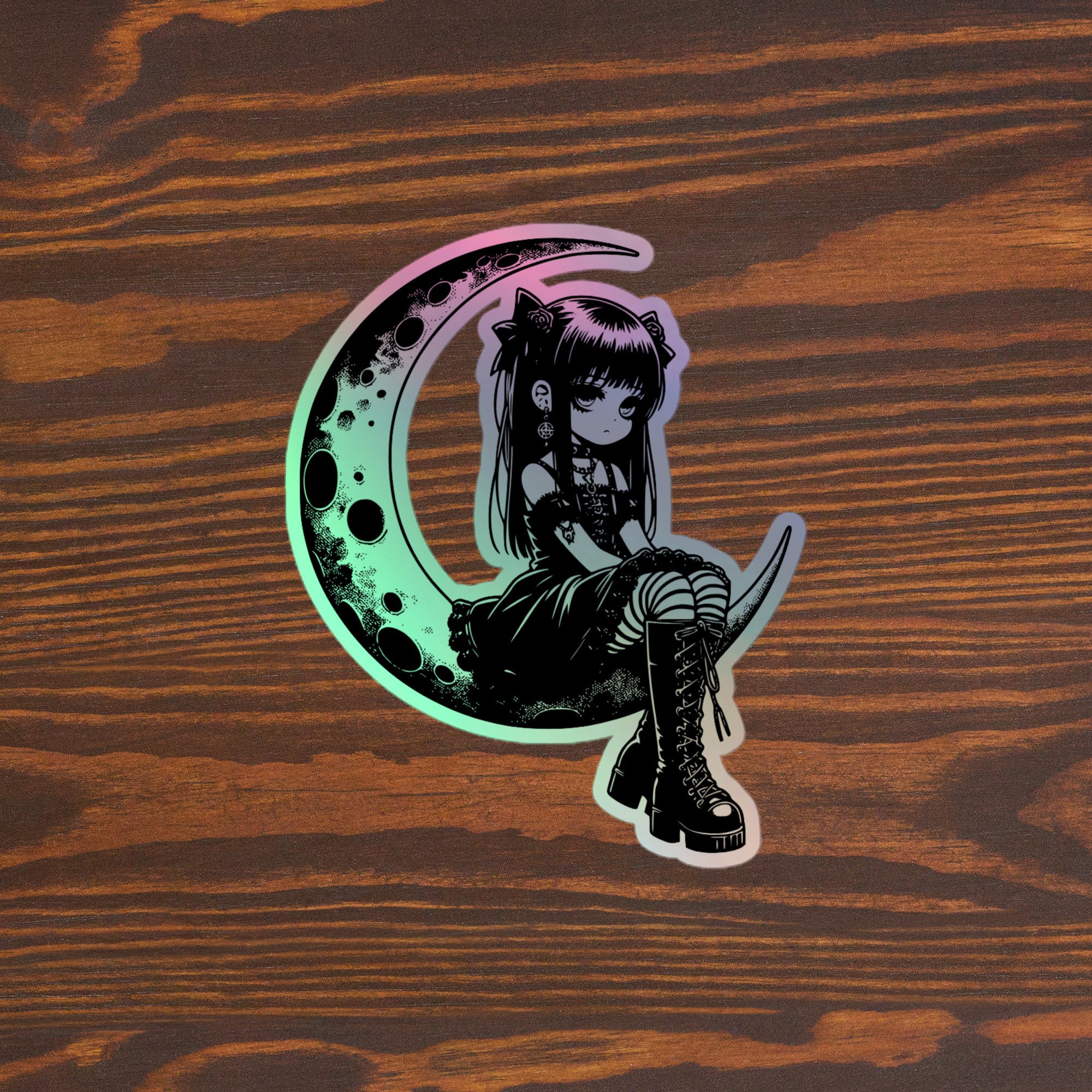 Anime Goth Girl Sitting On The Moon | Goth Holographic stickers