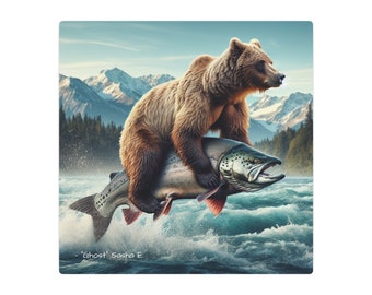 Bear Riding a Bucking Salmon Great Outdoors Themed Metal Art Sign