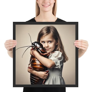 May include: A young girl with long blonde hair is holding a large brown cockroach in her arms. She is smiling and looking at the camera. The cockroach is also looking at the camera. The background is a light brown color.