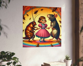 Little Girl Dancing with a Rat and Cockroach Weird and Funny Matte Posters