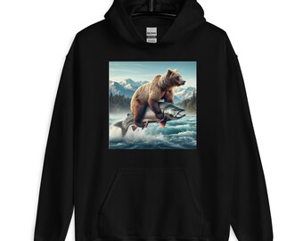 Bear Riding a Bucking Salmon Great Outdoors Themed | Unisex Hoodie
